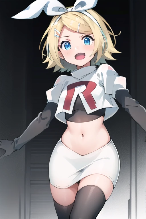 masterpiece, best quality, absurdres, perfect anatomy, 1girl, solo, Kagamine Rin, short hair, bow, team rocket,team rocket uniform,white skirt,red letter R,crop top,black thigh-highs,black elbow gloves
