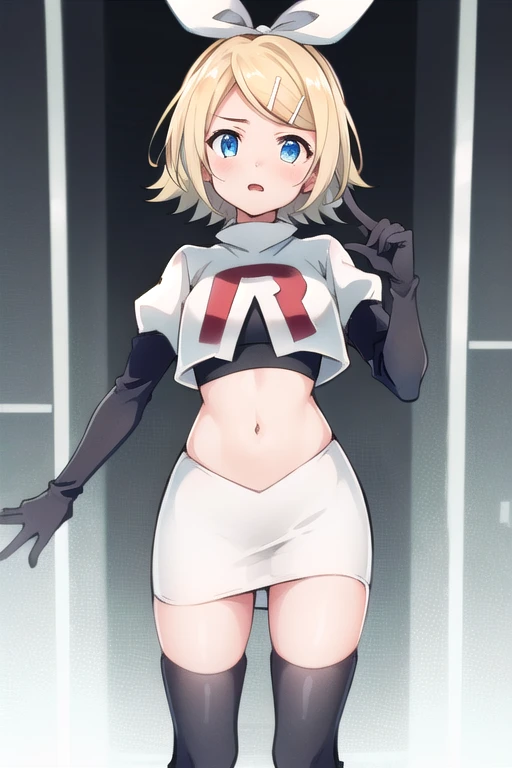 masterpiece, best quality, absurdres, perfect anatomy, 1girl, solo, Kagamine Rin, short hair, bow, team rocket,team rocket uniform,white skirt,red letter R,crop top,black thigh-highs,black elbow gloves