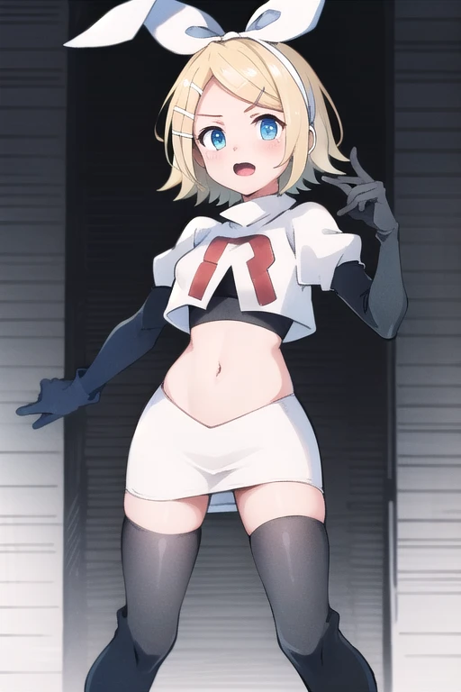 masterpiece, best quality, absurdres, perfect anatomy, 1girl, solo, Kagamine Rin, short hair, bow, team rocket,team rocket uniform,white skirt,red letter R,crop top,black thigh-highs,black elbow gloves