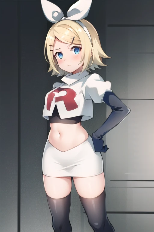 masterpiece, best quality, absurdres, perfect anatomy, 1girl, solo, Kagamine Rin, short hair, bow, team rocket,team rocket uniform,white skirt,red letter R,crop top,black thigh-highs,black elbow gloves