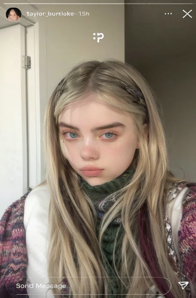 a close-up of a woman with long hair and a scarf, Billie Eilish, no-makeup, Billie eilish, 2 4 year old female model, Billie Eilish, blonde hair and large eyes, Beautiful Nordic Woman