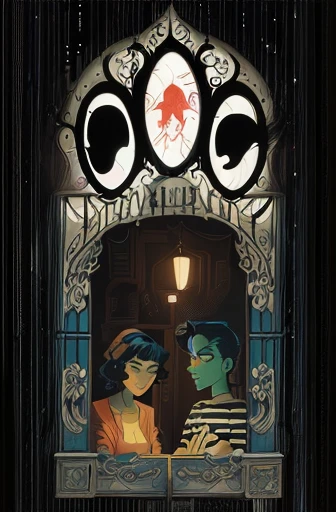 a close up of a cartoon picture of a person and a , stylised graphic novel, cover art of graphic novel, cover illustration, necromancy, stylized urban fantasy artwork, graphic novel cover art, by Géza Udvary, novel cover art for a book, cover art, book cover illustration