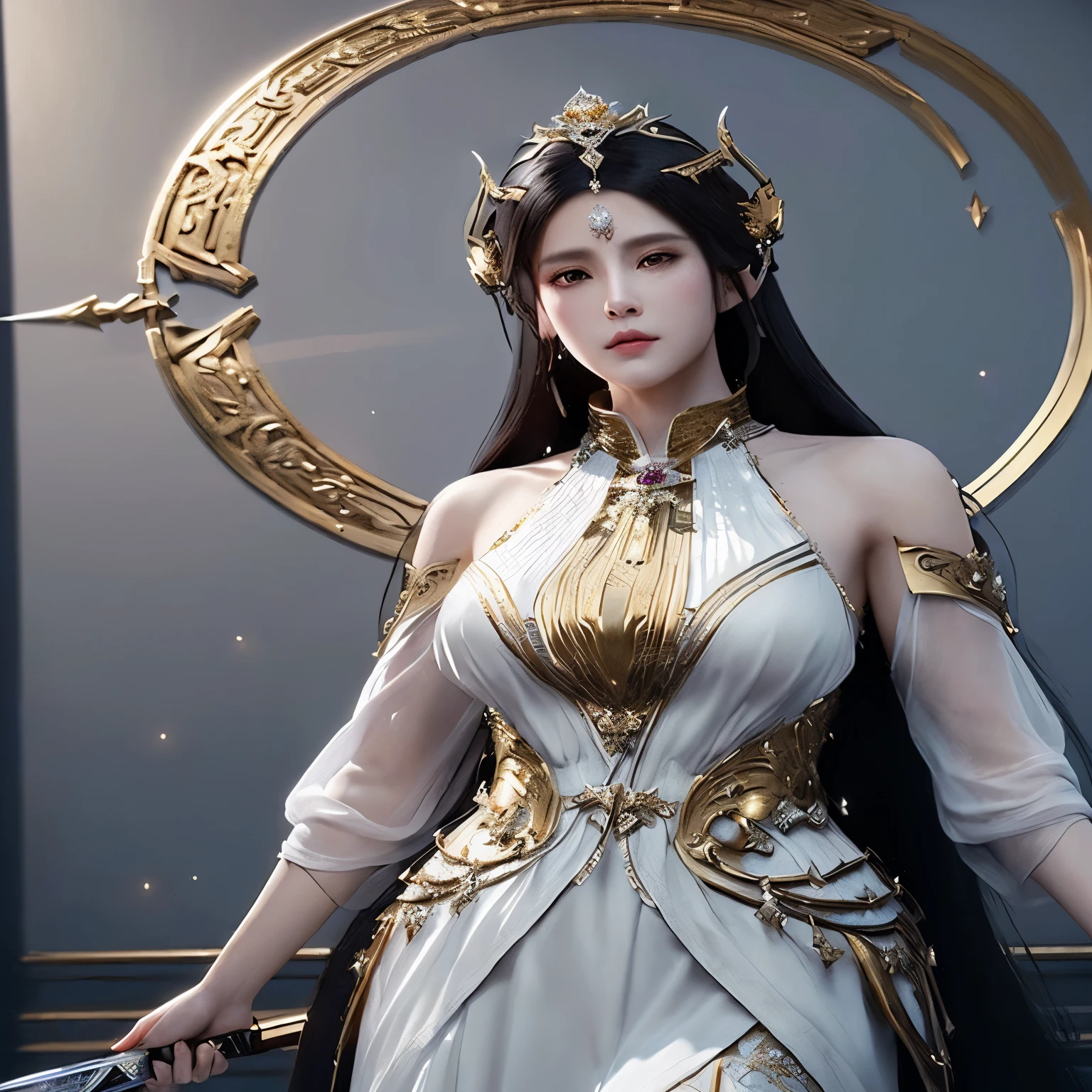 a woman in a white dress holding a sword and a shield, a beautiful fantasy empress, ((a beautiful fantasy empress)), goddess. extremely high detail, extremely detailed goddess shot, beautiful and elegant elf queen, unreal engine render + a goddess, white and gold priestess robes, a stunning portrait of a goddess, full body xianxia