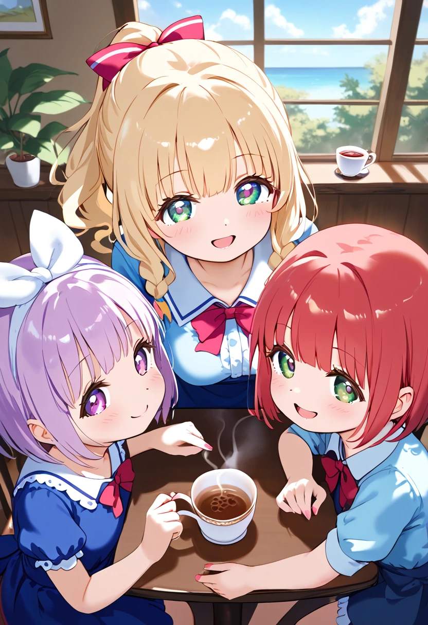 Highest quality、High resolution、Detailed Background、Beautiful face in every detail、Teenage beauty、Cute hair colour、Braided bob cut、ponytail、Calm atmosphere、Happy expression、It&#39;s gorgeous but also feminine.、clear、
(Three women enjoying tea time in a cute cafe:1.5)