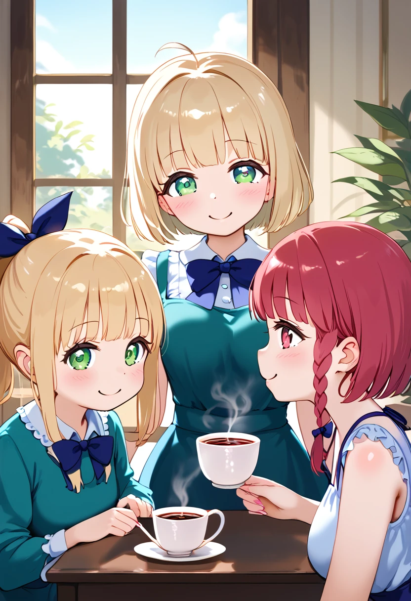 Highest quality、High resolution、Detailed Background、Beautiful face in every detail、Teenage beauty、Cute hair colour、Braided bob cut、ponytail、Calm atmosphere、Happy expression、It&#39;s gorgeous but also feminine.、clear、
(Three women enjoying tea time in a cute cafe:1.5)