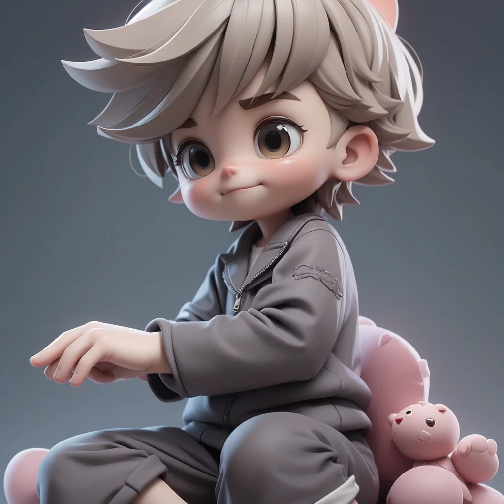Stylized 3D anime boy single, alone in the gray scene, detailed hair, bright clothes, relaxed sitting posture, clutching toy animal, youthful and cheerful, rendered in high detail