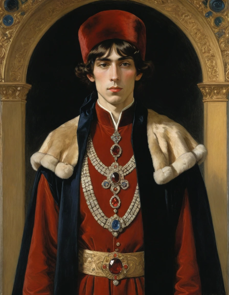 Design me a {{Colossal Masterpiece, high detail}}, a ((((full body portrait, male focus)))), ((by Léon Bakst)), (by Moebius Jean Giraud), the composition is: a very young male nobleman, sullen, facing viewer. He is wearing a fur hat. He is wearing a black Slavic caftan with Praetorian elements, sashes, medals, red diamond pendant
