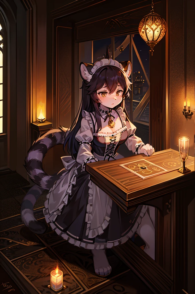 white tiger girl in french maid dress, she is a mage that uses tarot cards. She has black hair. She has black stripes on her fur. She has black tiger stripes on her body and face. She has black stripes all over her body and face. She is a Tiger Girl. She has a tail. She has backwards hands. She is a Raksasha. She is holding a tarot card.