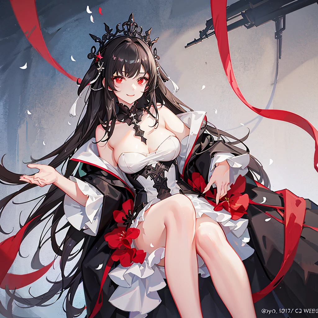1 girl , long black hair, Red eyes, elegant white wedding dress , big breasts, clear skin, happy face