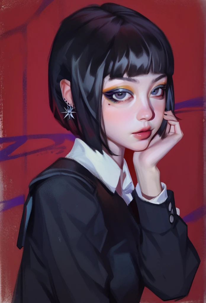 smudgy, traditional art, liu2, brush texture, score_9, score_8_up, score_7_up, score_6_up, score_5_up, score_4_up, BREAK 1girl, intricate, school outfit , (eyeliner:1.2), looking at viewer, black hair, hime-cut, pale skin, jewelry, detailed background, breasts (masterpiece, high quality:1),
