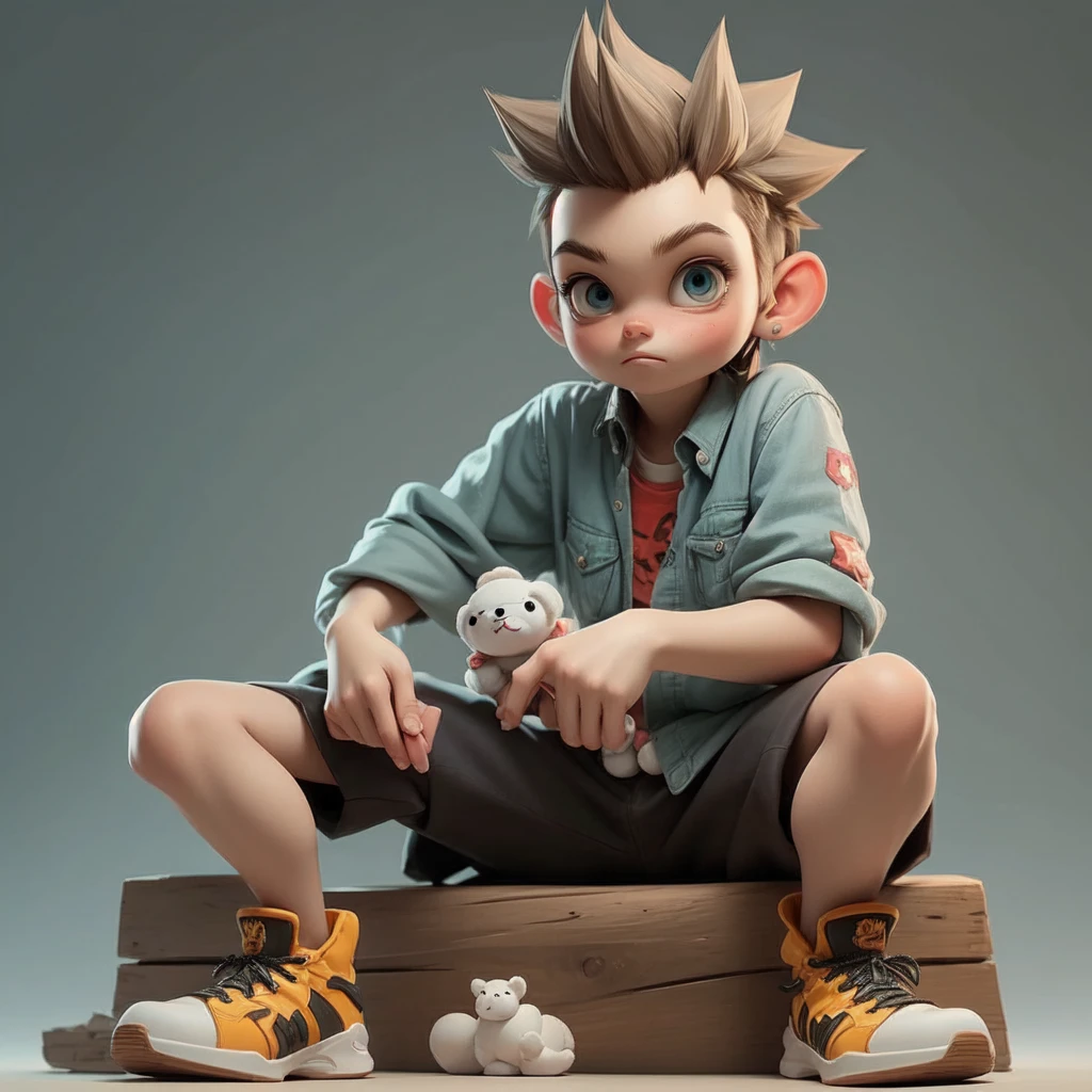 Cute animated boy single model, expressive eyes, spiked hair, colorful attire, sitting pose, stuffed toy in hand, detailed and playful design, collectible aesthetic
