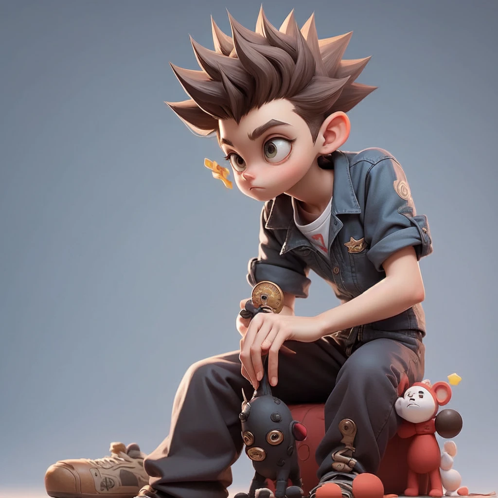 Cute animated boy single model, expressive eyes, spiked hair, colorful attire, sitting pose, stuffed toy in hand, detailed and playful design, collectible aesthetic
