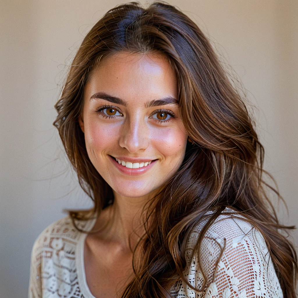 COLOR PORTRAIT OF 25 YEAR OLD WOMAN WITH LONG BROWN HAIR, BROWN EYES, LOOKING STABLY AT THE CAMERA WITH A LIGHT SMILE