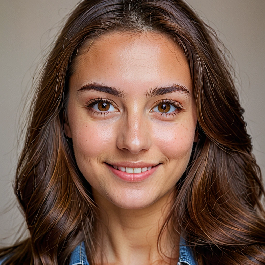 COLOR PORTRAIT OF 25 YEAR OLD WOMAN WITH LONG BROWN HAIR, BROWN EYES, LOOKING STABLY AT THE CAMERA WITH A LIGHT SMILE