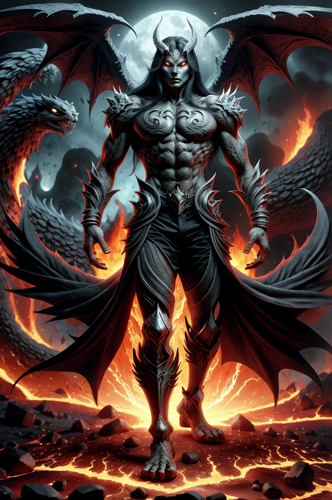 Male character, handsome, dark skin, black wings, wearing a red suit, long white hair, emerald green eyes, his appearance is that of a fire demon, his body is that of a fire demon with giant horns, a bestial body, an intimidating appearance, its appearance is identical to that of the fire demon Ifrit