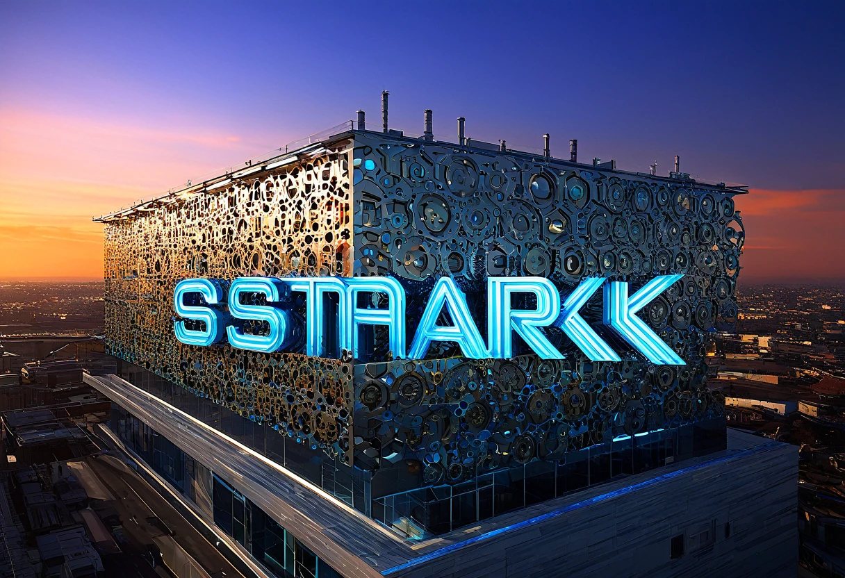 Imagine a detailed illustration of a stylish, modern building, with clean lines and high-tech elements. On the facade of the building, the name stands out "Stark Freelance Solutions" in metallic and futuristic letters. Around the building, there are symbolic elements of creativity and innovation, like gears in motion, rays of light representing energy and subtle electronic circuits. The sky in the background displays a vibrant sunset, reflecting shades of orange and blue, symbolizing progress and unlimited potential.