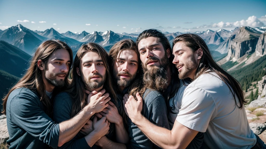 six men with long hair and beards hugging each other on top of the mountain