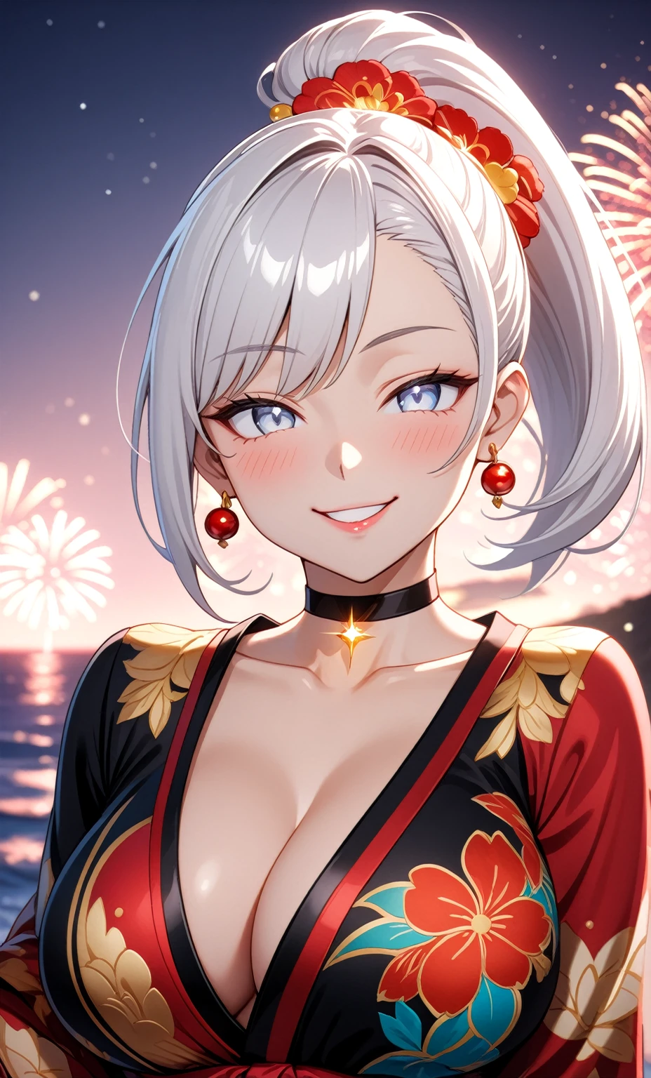 ((One personの女性)), Beautiful Face, ((smirk)), (head tilt), ((Wink:1.7)), Laugh with your mouth wide open,((Bright red cheeks:1.4)),Shiny red lips,night,coastal,You can see the ocean, firework,Laughing with your mouth open,Glossy pink lips,Facial lighting,((Anime style background)),masterpiece, Highest quality, so beautiful,up to date, Complex details, (Pink long nails), (4fingers and 1thumbs), (ring),(bracelet),(choker),AI-generated, Complex,High resolution, Highest quality, super high quality,3D Images、3D Images,One person,Long white hair,High Ponytail,(blue eyes),Anime woman posing for a photo, ((Fine grain、Silvery white colorful eyes、Shining Eyes:1.3)),(Squint your eyes:1.1),a hyperRealistic , hyperRealistic , Realistic,Anime woman with long white hair, Smooth anime CG art, A woman in a colorful kimono with gold embroidery, (Black long sleeve kimono),Red floral pattern,Long flower hair ornament,Earrings,Mature Body,(Big Breasts:1.1),Tall,Abdominal muscles,Narrow waist,(Zoom up to face:1.5),