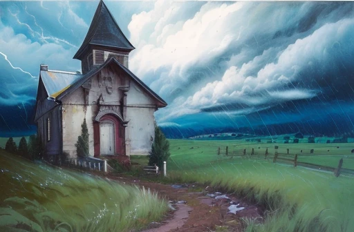 painting of a church in a field with a sky background, inspired by Dwight William Tryon, church painting, stormy day, inspired by Edward Hicks, pastel artwork, inspired by Emily Carr, inspired by William Congdon, inspired by William Dobell, pastel art, by David Burton-Richardson, inspired by Marc Bell, stormy landscape, by Leland Bell