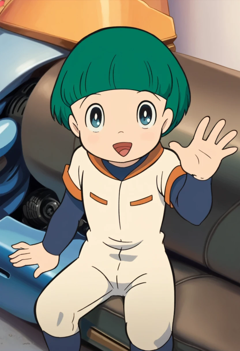 Cute young boy, ropple, blue eyes, green hair, cute face, very smail, laughing, nsfw, small breasts, waist, motorcycle pants, wet spats, cute crotch penis, sitting, full view body, waving at viewer, looking at another, cute face, very smail, laughing, happy, vaginal penis,