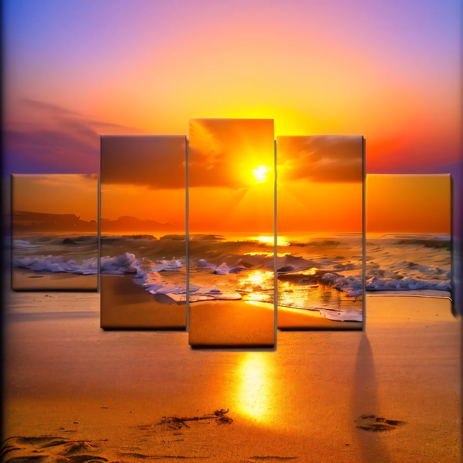 a beach scene with waves and the sun setting in the distance, canvas art print, canvas art, sunset sunrise, sun set, beach landscape, warm beautiful scene, ocean view, which shows a beach at sunset, beautiful sunny day, canvas painting, sunset beach, high definition art, seascape, sunset at the beach, sunset on the beach, beautiful composition