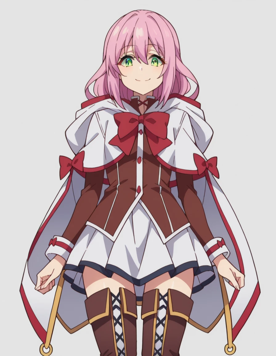 score_9, score_8_up, score_7_up, source_anime, nornclatalissajioral, norn clatalissa jioral, long hair, hair between eyes, green eyes, pink hair, long sleeves, dress, bow, red bow, hood, robe, white robe, simple background, smile, thigh high boots, bootjob, femdom