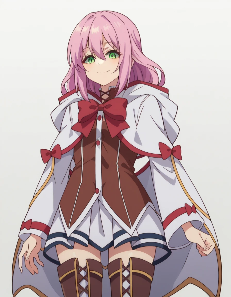 score_9, score_8_up, score_7_up, source_anime, nornclatalissajioral, norn clatalissa jioral, long hair, hair between eyes, green eyes, pink hair, long sleeves, dress, bow, red bow, hood, robe, white robe, simple background, smile, thigh high boots, bootjob, femdom