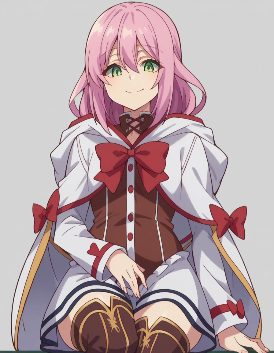 score_9, score_8_up, score_7_up, source_anime, nornclatalissajioral, norn clatalissa jioral, long hair, hair between eyes, green eyes, pink hair, long sleeves, dress, bow, red bow, hood, robe, white robe, simple background, smile, thigh high boots, penis, cum on boots, nsfw, legs_crossed, cbt, femdom