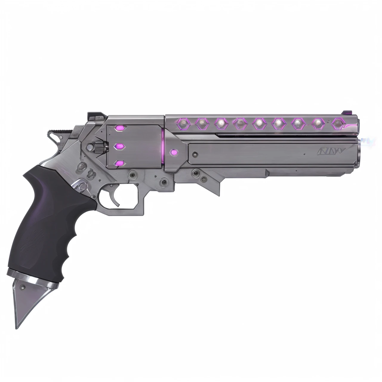 A futuristic handcannon, Revolver, handgun, gun, fun, scifi, LED lights, neon lights, chrome, silver, toxic pink, punk purple, deadly, pistol, item, weapon, highlights, etched, metal, cyberpunk, cylinder, high caliber revolver