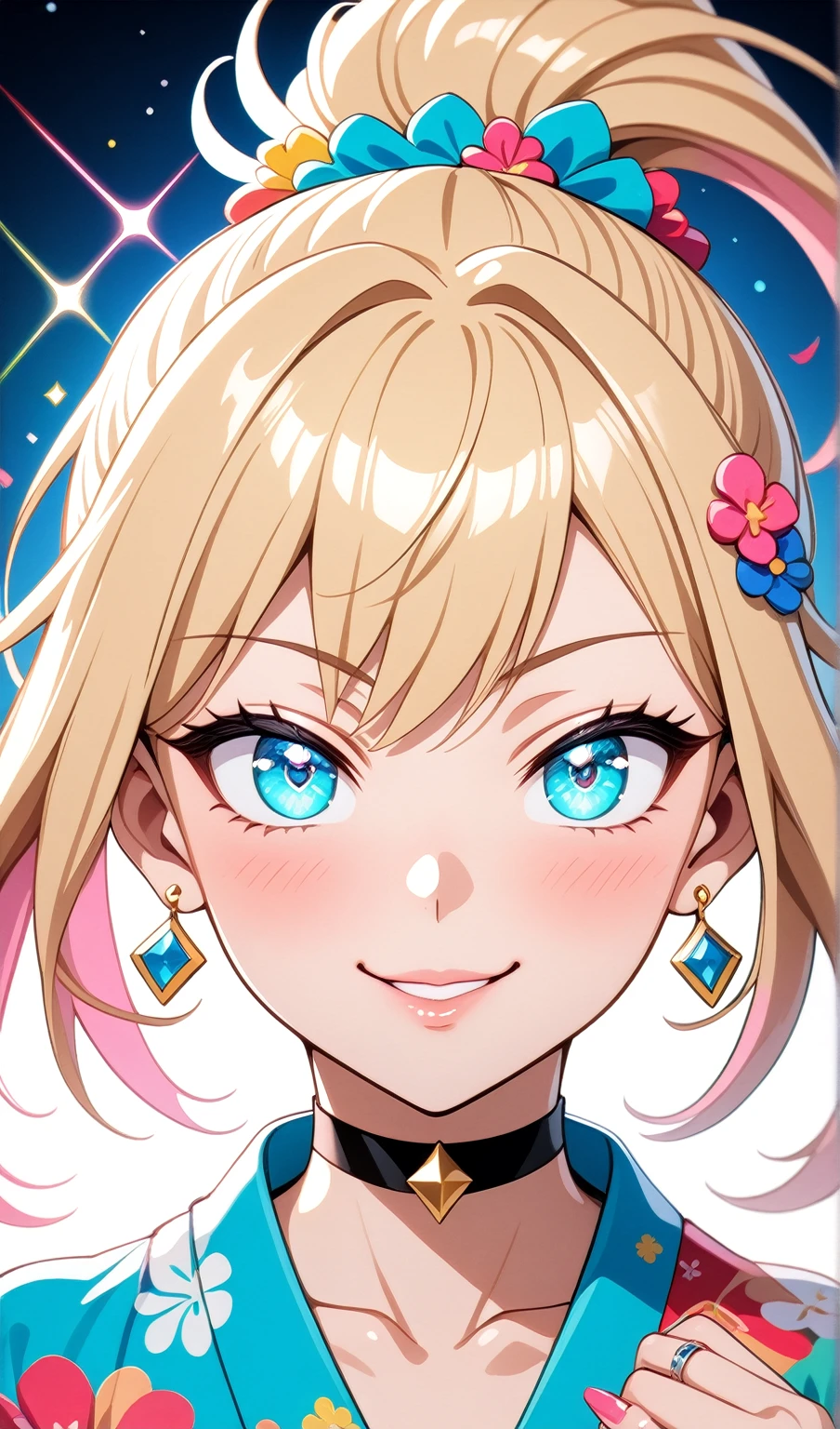 ((One personの女性)), Beautiful Face, ((smirk)),((Wink:2.2)), head tilt, Laugh with your mouth wide open,((Bright red cheeks:1.4)),Shiny red lips,night,rooftop,You can see the ocean, firework,Laughing with your mouth open,Glossy pink lips,Facial lighting,((Anime style background)),masterpiece, Highest quality, so beautiful,up to date, Complex details, (Pink long nails),(ring),(bracelet),(choker),AI-generated, Complex,High resolution, Highest quality, super high quality,3D Images、3D Images,One person,Long blonde hair,High Ponytail,(turquoise blue eyes),Anime woman posing for a photo, ((Fine grain、Colorful eyes on white、Shining Eyes:1.3)),(Squint your eyes:1.1),a hyperRealistic , hyperRealistic , Realistic,Anime woman with long white hair, Smooth anime CG art, A woman in a colorful kimono with gold embroidery, (Pink long sleeve kimono),Red floral pattern,Long flower hair ornament,Earrings,Mature Body,(Big Breasts:1.1),Tall,Abdominal muscles,Tight waist,(Zoom up to face:1.5),
