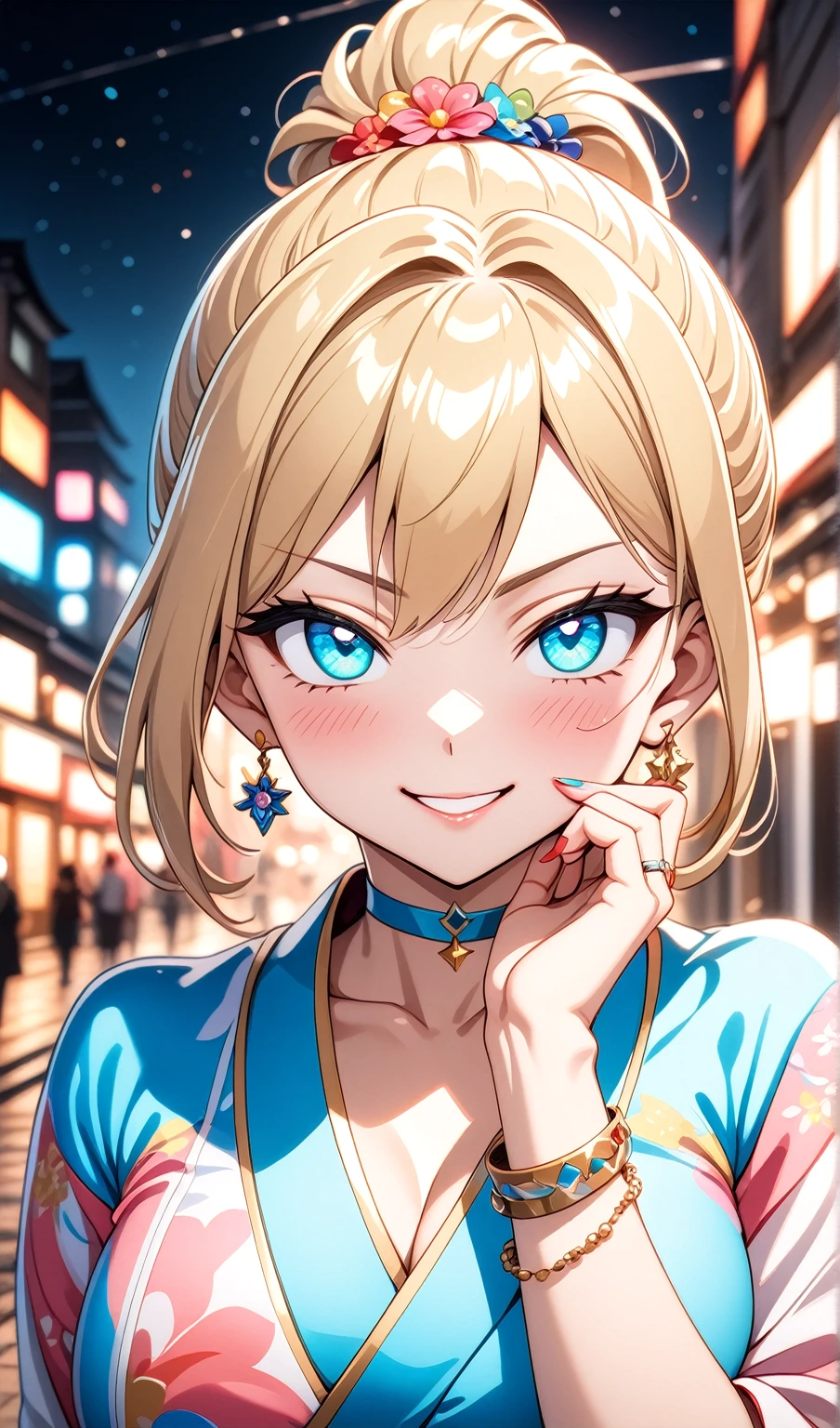 ((One personの女性)), Beautiful Face, ((smirk)),((Wink:2.2)), head tilt, Laugh with your mouth wide open,((Bright red cheeks:1.4)),Shiny red lips,night,rooftop,You can see the ocean, firework,Laughing with your mouth open,Glossy pink lips,Facial lighting,((Anime style background)),masterpiece, Highest quality, so beautiful,up to date, Complex details, (Pink long nails),(ring),(bracelet),(choker),AI-generated, Complex,High resolution, Highest quality, super high quality,3D Images、3D Images,One person,Long blonde hair,High Ponytail,(turquoise blue eyes),Anime woman posing for a photo, ((Fine grain、Colorful eyes on white、Shining Eyes:1.3)),(Squint your eyes:1.1),a hyperRealistic , hyperRealistic , Realistic,Anime woman with long white hair, Smooth anime CG art, A woman in a colorful kimono with gold embroidery, (Pink long sleeve kimono),Red floral pattern,Long flower hair ornament,Earrings,Mature Body,(Big Breasts:1.1),Tall,Abdominal muscles,Tight waist,(Zoom up to face:1.5),