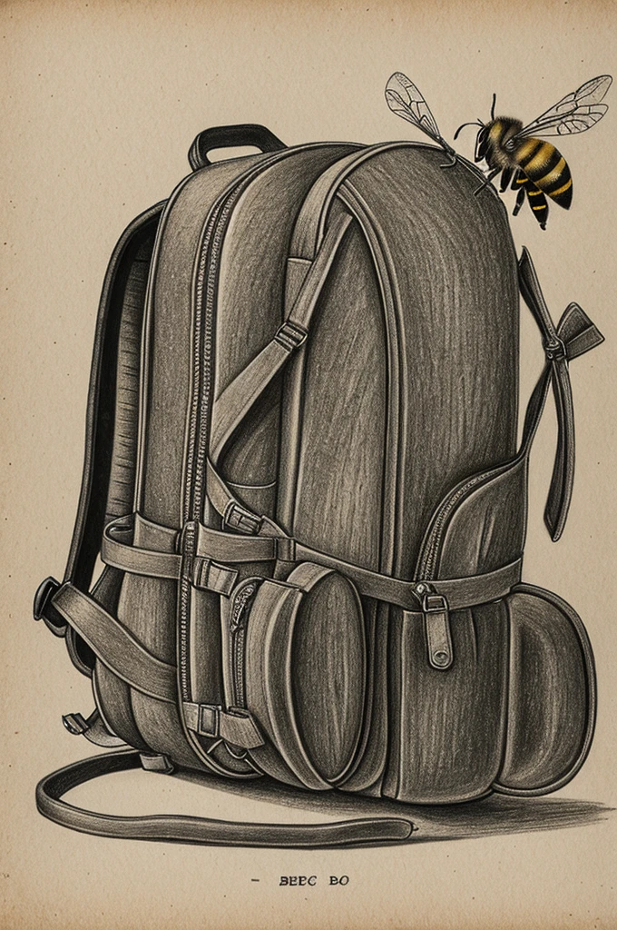 A drawing of a bee botarga with boots and a backpack and a pencil