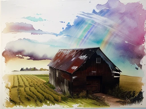painting of a barn in a field with a rainbow in the sky, barn in the background, inspired by Dwight William Tryon, barn in background, by Phyllis Bone, by Karl Pümpin, farm, barn, by senior artist, inspired by David Ramsay Hay, inspired by Vilhelm Kyhn, inspired by Robert Bryden, made of alcohol ink on parchment