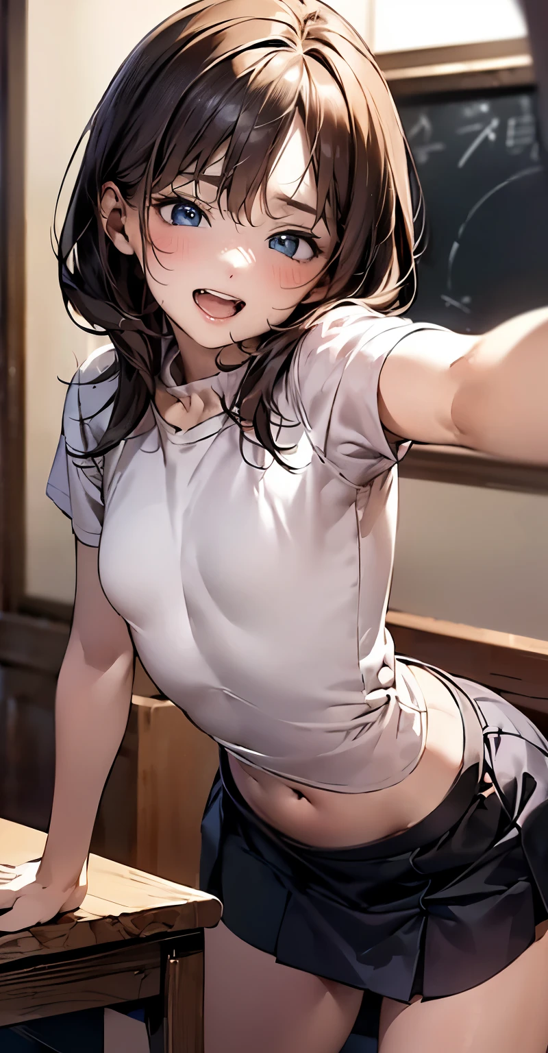 depicting a moment from manga for adults, ((standing and straddling to hit her crotch against the corner of the table, very small and thin breasts))), skirt various patterned, blush, round face, eyes with realistic sizing, drooping eyes, blush, shame smile, spread legs, open mouth,