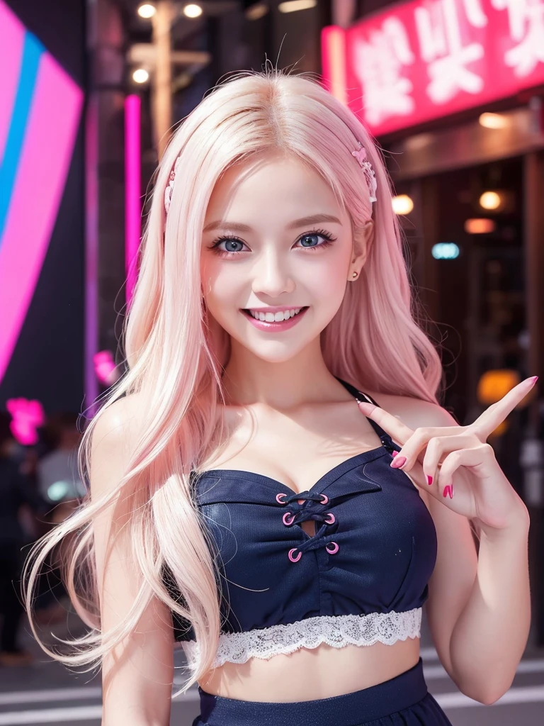 A bright pink background dotted with sparkling accents、stylish。She has long, wavy platinum blonde hair.、The tips of her hair are dyed pink。Decorate your hair with colorful hairpins、She has dark skin and big blue eyes.。Her face is filled with a cheerful smile showing her white teeth.、Looks like a lot of fun。She is wearing a tight-fitting white blouse、The deep neckline reveals a black and pink lace bra。The blouse is slightly open、It creates a casual and relaxed atmosphere。A short pleated navy blue skirt complements the top.、like々It gives a fashionable impression.。Make a peace sign with your right hand near your face、Pink painted nails are eye-catching。Even lighting accentuates her vibrant expression and dynamic pose.。The overall composition creates an energetic and fun atmosphere.、The glow in the background adds to the playful and vibrant mood.。