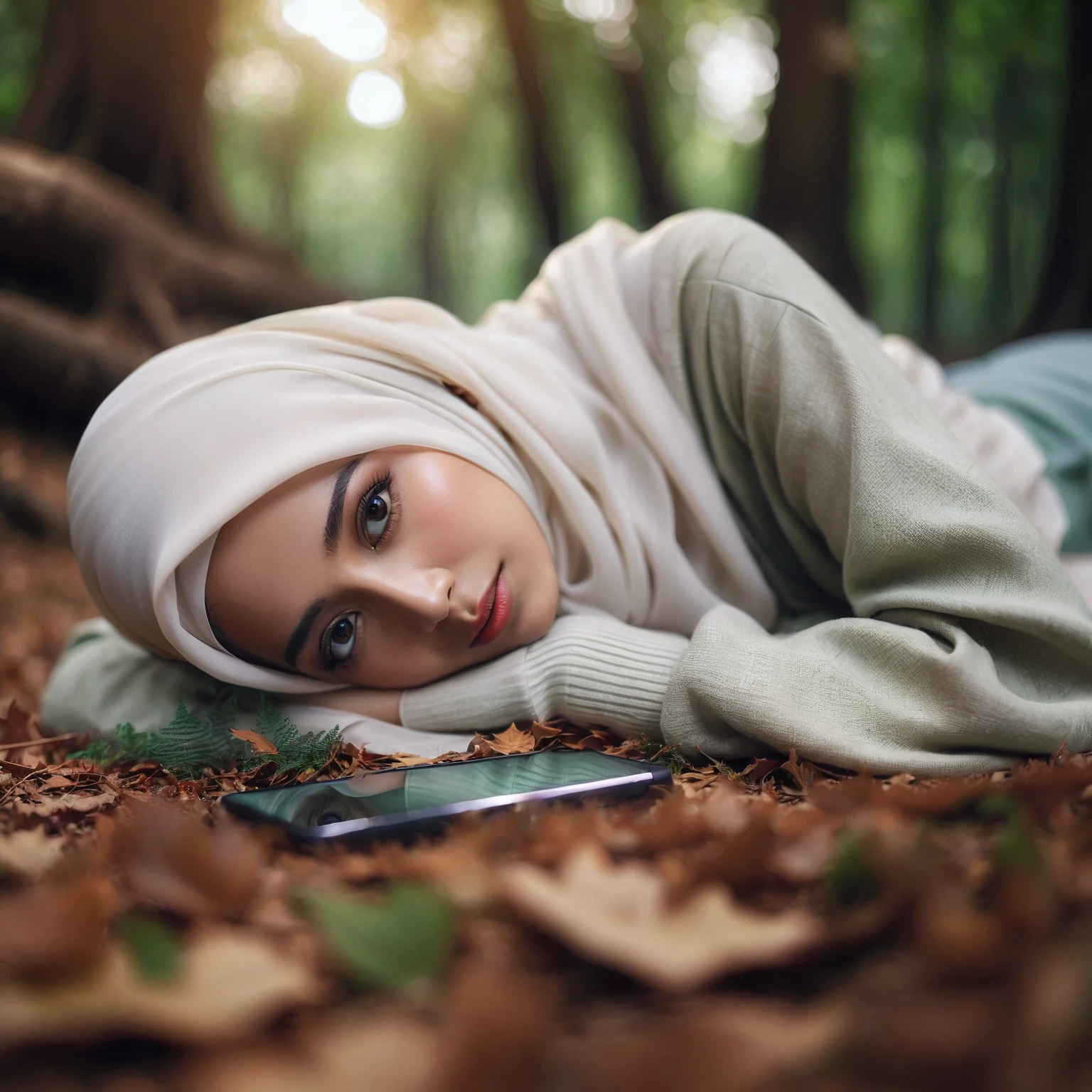 there is a woman lying on the ground with a cell phone, lying on the ground in a forest, hijab, realistic picture, close up portrait photo, photo of a woman, artistic photography, fallen leaves effect, beautiful woman, attractive girl, muslim, hijab white, light green casual clothes, lying on the ground, bokeh, Taken using Sony Alpha α7CR full-frame, photorealistic, UHD 1536px, high quality