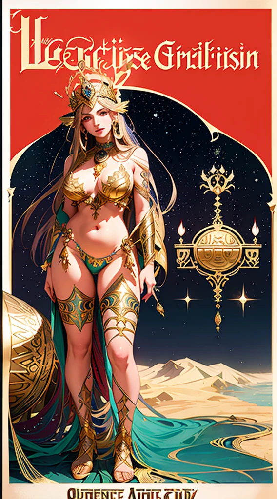 a beautiful goddess isis, egyptian goddess, alphonse mucha style, detailed crown, queenie gesture, ornate headdress, flowing robes, golden skin, piercing eyes, intricate details, ethereal lighting, dreamlike atmosphere, vibrant colors, dramatic pose, masterpiece, 8k, ultra-detailed, photorealistic, cinematic, glowing aura