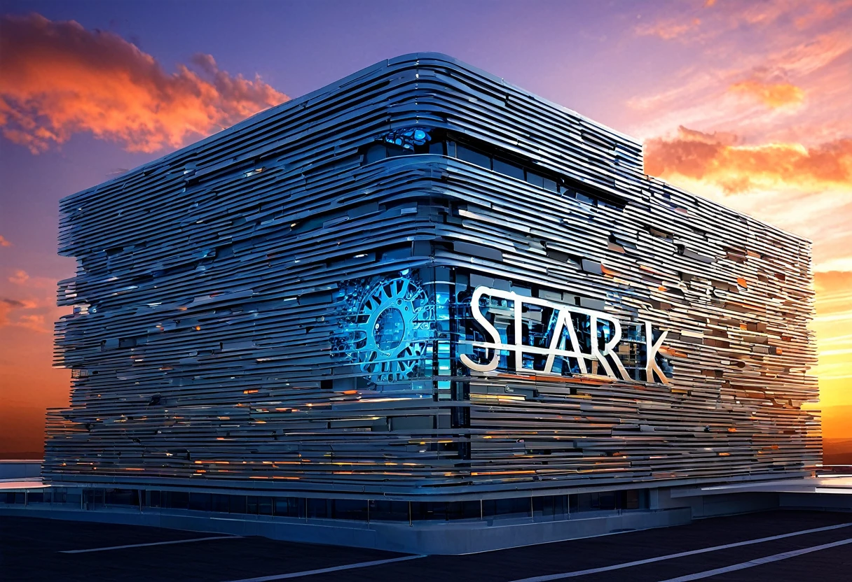 Imagine a detailed illustration of a stylish, modern building, with clean lines and high-tech elements. On the facade of the building, the name stands out "Stark Webworks" in metallic and futuristic letters. Around the building, there are symbolic elements of creativity and innovation, like gears in motion, rays of light representing energy and subtle electronic circuits. The sky in the background displays a vibrant sunset, reflecting shades of orange and blue, symbolizing progress and unlimited potential.