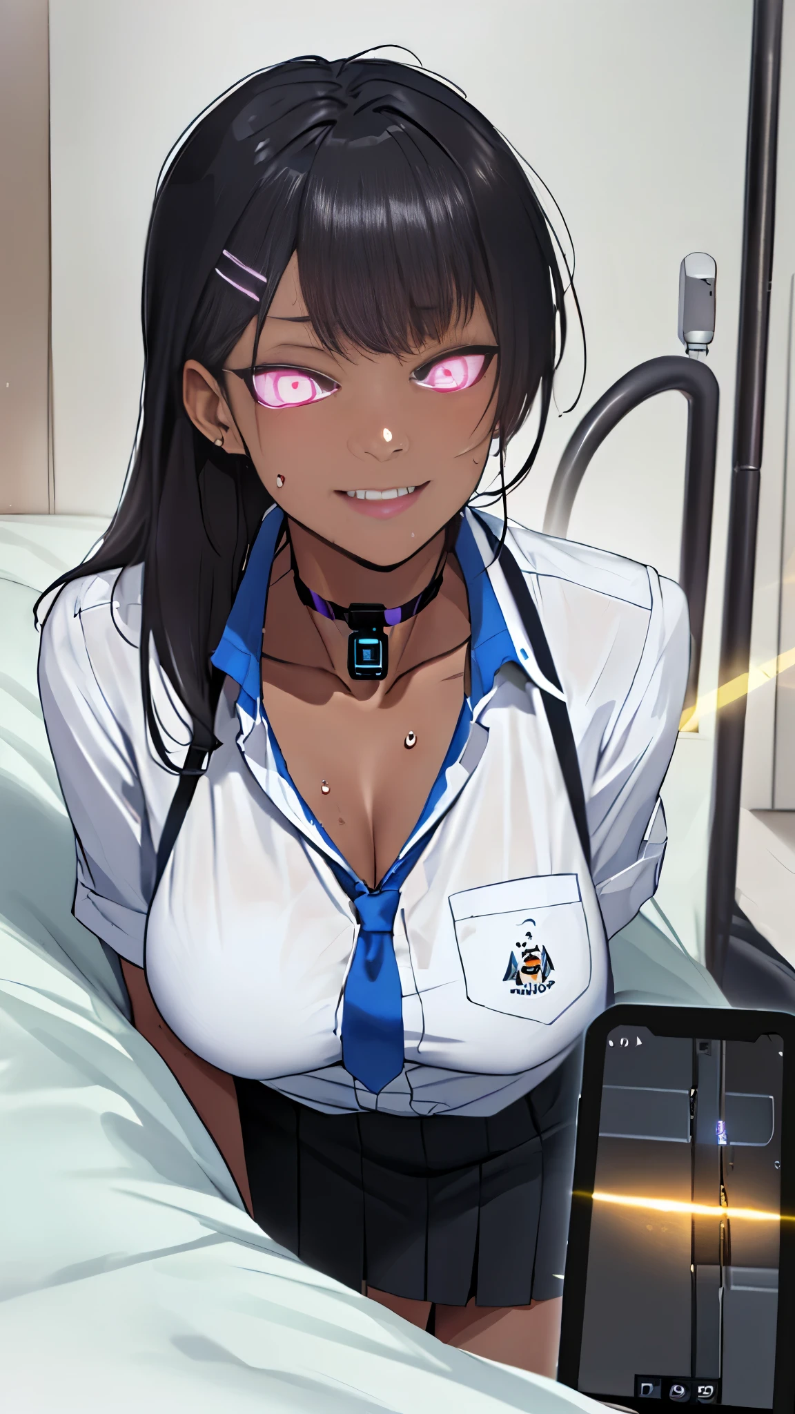(Safety Sensor、approved、Can be viewed:1.8),masterpiece、Highest quality、Highest quality、Accurate the human body、Lighting to suit the mood、Accurate、Elaborate、masterpiece、Every detail of the face、Long-tailed, Dark Skin, Woman with dark skin, Side Ponytail, hair ornaments, Hair Clip, White shirt, Bra visible through clothes, Chest pocket, Black Choker, Blue tie, Purple scrunchie, bracelet,Latex Blue Pleated Skirt, Thigh straps, Simple Background, whole body, Detailed Background, Leaning forward, alone,Big cleavage、( Big Breasts、Ahegao Smile:1.3、Glowing oil skin:1.5, Sweat,vapor:1.5)、(Dim lighting:1.5, night:1.5, Love hotels in Japan :1.5、Lie down in bed)、((Many words:1.5、Many heartfelt voices:1.5))、Double Peace、The beauty of the eight-headed、Mature adult woman、Emotional :1.3、On the bed、sound、sound、Absolutely safe、Small face、Beautiful Girlfriend