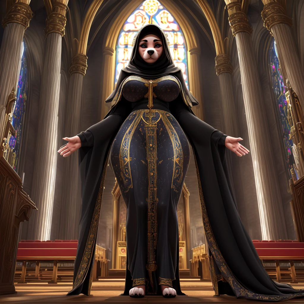 ((Feminine furry dog, 30 years old, with an ideal athletic figure, beautiful breasts and hips, Ultra detailed fur, she is wearing a black hijab, which hugs her body, she stands and prays in church), ((in detail down to the smallest detail, ultra graphics 8k, Best quality))