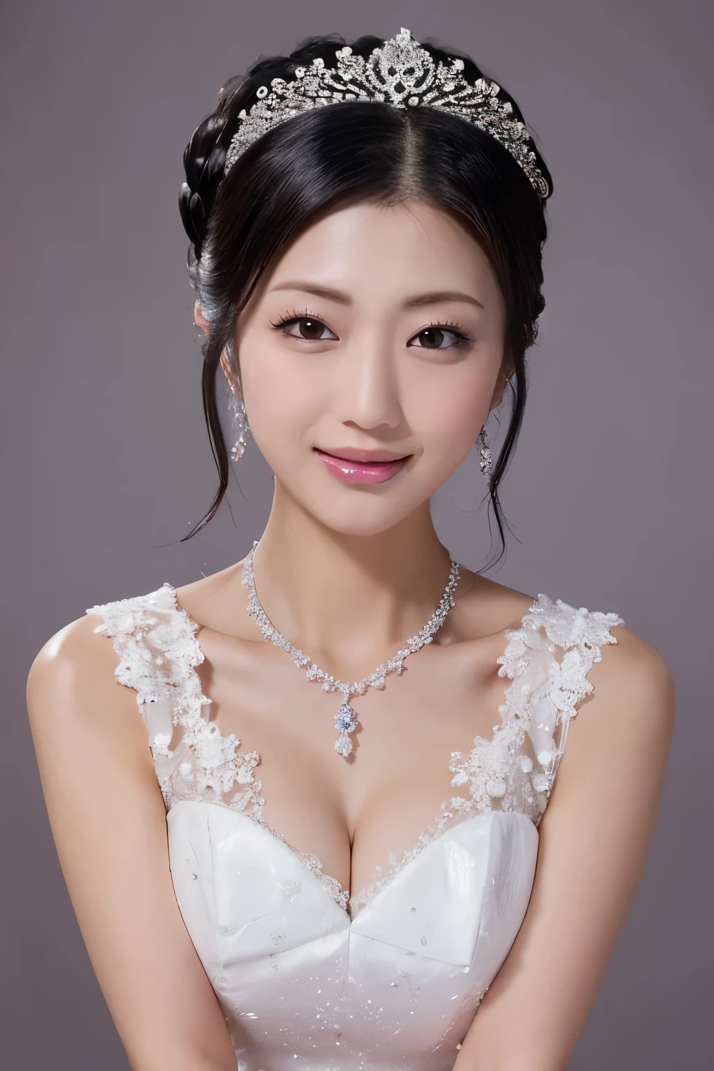 (Highest quality、Tabletop、8K、Best image quality、Award-winning works)、One beautiful bride、(alone:1.1)、(The most extravagant and gorgeous huge pure white wedding dress:1.1)、(Perfect Wedding Lace:1.2)、(The most gorgeous and luxurious giant tiara:1.1)、(The most extravagant and luxurious giant necklace:1.1)、The finest jewellery decoration、Perfect Makeup、Long eyelashes、Ultra HD Shining Eyes、Ultra HD Hair、Ultra-high resolution glossy lips、Super high resolution beautiful face、(Accurate anatomy:1.1)、Very bright and beautiful skin、very bright and vivid、Perfect beautiful bridal hairstyles、(Front facing body:1.1)、(The simplest solid color background:1.2)、(Cold, expressionless face:1.4)