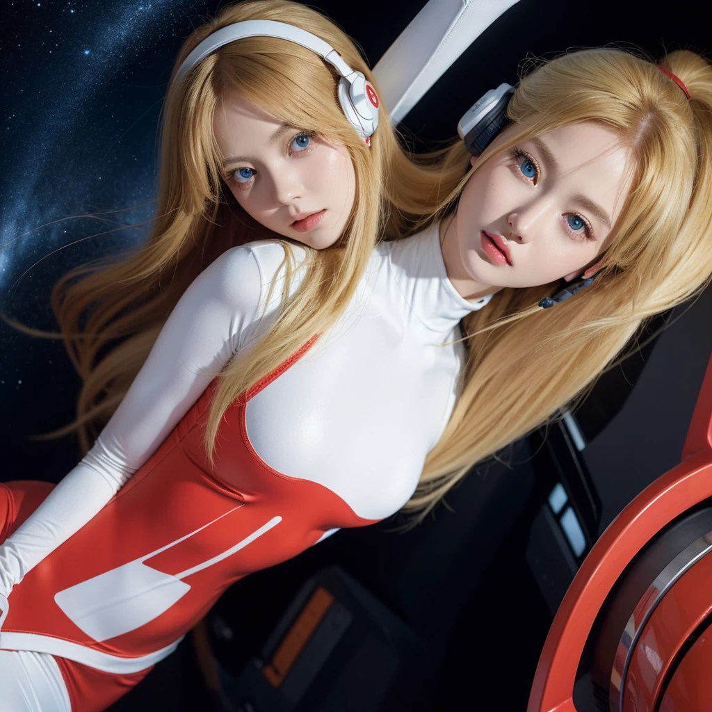 (overhead view),dynamic angle,very detailed, illustration, enlargement, upright, 1 woman, 
 ((Sour Asuka Langley, interface headset, Red bodysuit:1.4, blonde)),Her eyes shone like dreamy stars,(shining eyes:1.233),(beautiful and delicate eyes:1.1),(expressionless,closed mouth),(standing), 
(Mechanical room with tools and spaceship windows in white spaceship),
(night:1.2),dreamy, [[delicate fingers and hands:0.55]::0.85],(detail fingers),