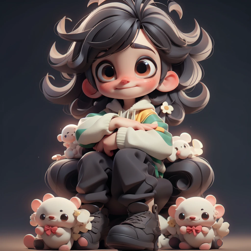 Stylized 3D anime boy single, detailed hair, bright clothes, relaxed sitting posture, clutching toy animal, youthful and cheerful, rendered in high detail