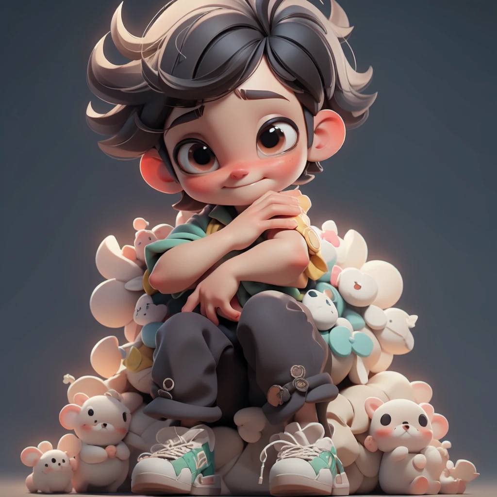 Stylized 3D anime boy single, alone in the gray scene, detailed hair, bright clothes, relaxed sitting posture, clutching toy animal, youthful and cheerful, rendered in high detail