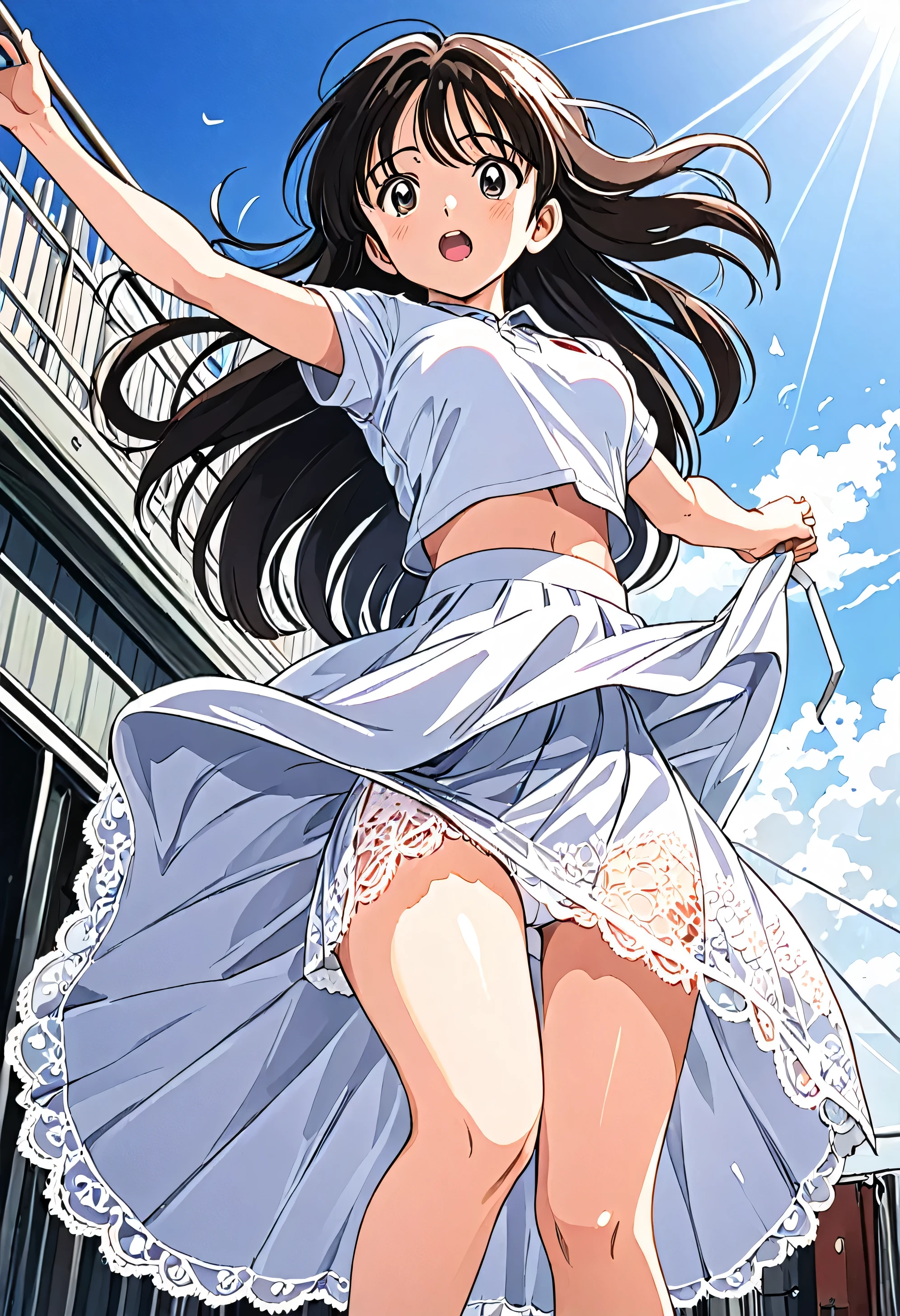 Kyoko OtonashiLow - Angle、
Low - Angle、Long skirt、Hold down your skirt that is being blown up by the strong wind、Anime white panties in a strong wind、Crotch is visible
ローレグのパンツ、Farbe: White、
Crotch is visible、
、Lined、White lace lining、