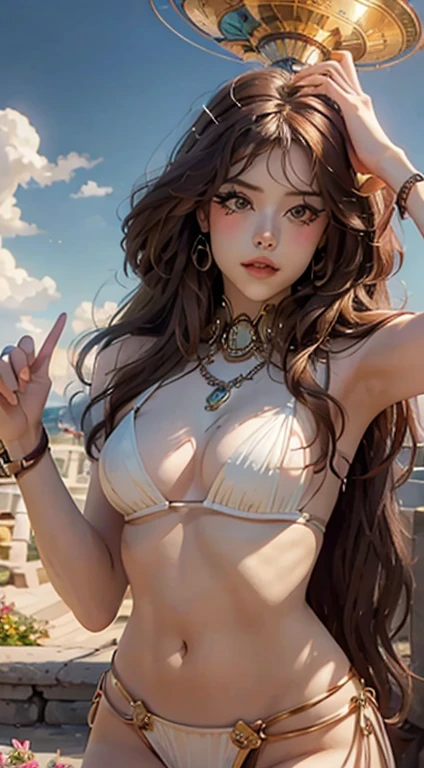 YOUNG, attractive goddess，The facial features are extremely beautiful，Body shape is slim，Sense of character，long legs，big chest，long haired redhead，curls，Lie down in the flowers，artistic pose，Grand Canyon in the background，rios，great ancient palaces，strange sky，Flying saucer，Singular clouds，Closeup after sunset