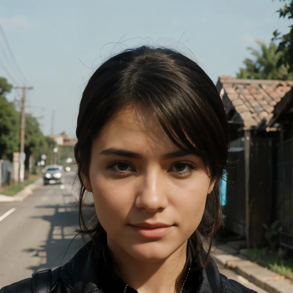 (head of'artwork, best quality), lovely woman, sleeveless turtleneck top, pantalon, blond hair ,corps parfait, neckleace, wavy hair, visage parfait, nice face, Attractive, de grands yeux magnifiques, blissful, (Outside), City streets,Couleurs vives , blue hyperrealism eye