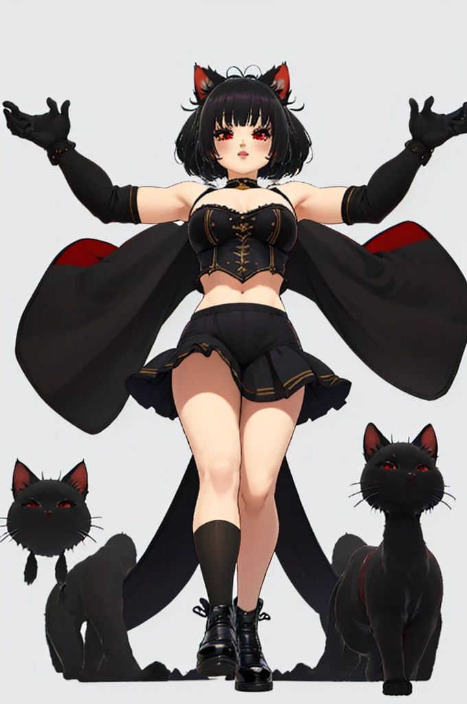 (Excellent quality, good detail, well detailed eyes, HD quality, 4k,) 1chica junkotvv, black hair with cat ears and red eyes with comfortable clothes, simple background , White background