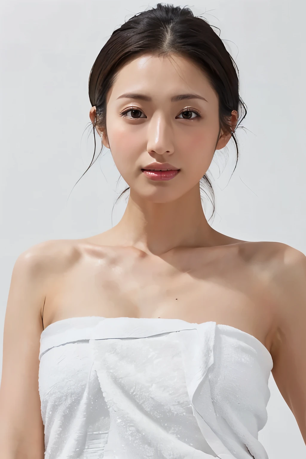 (Highest quality、Tabletop、8K、Best image quality、Award-winning works)、One beautiful woman、(Naked with a bath towel wrapped around her:1.3)、(The simplest pure white background:1.2)、(Damp Hair:1.1)、(Sweaty, damp skin:1.1)、Brightly lit face、Hot Face、(White skin:1.1)、Chignon、Very bright、Beautiful face in ultra-high definition、Ultra HD Hair、Ultra High Definition Moist, Shiny skin、Super high quality glossy lip、(Accurate anatomy:1.1)、(Big Breasts:1.3)、Slender body、(Accentuate your body lines:1.1)、(Accurate anatomy:1.2)、(Perfect beautiful bath towels:1.3)、look at me、Standing Elegantly、(Close-up of face:1.6)