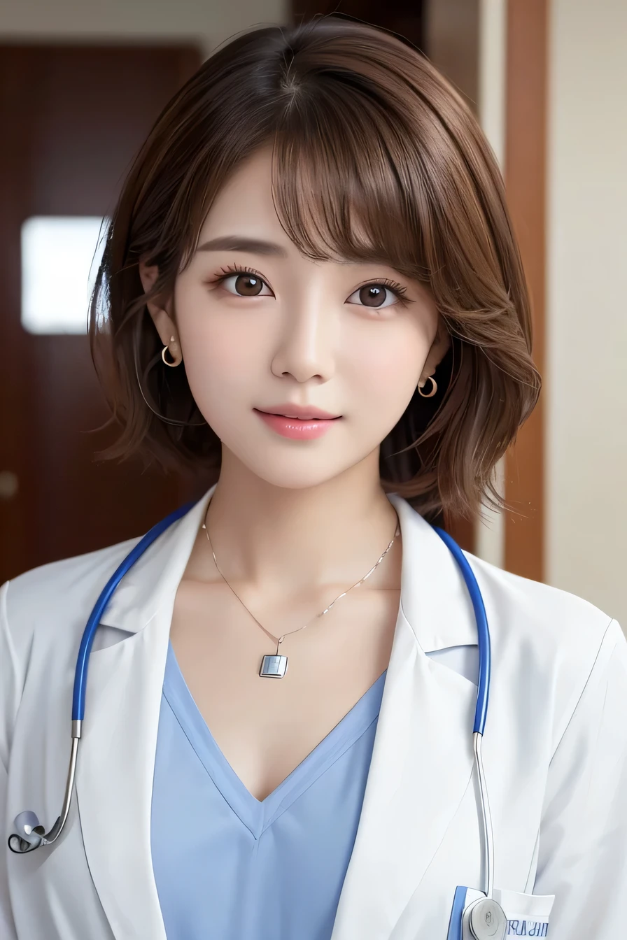 Beautiful young woman、 Korean women、Light brown hair、Necklace around the neck、white、Doctor's attire、Stethoscope、Wavy Hair、short hair、Intricate details, Very detailed:1.2), 、 Looking into the camera,The background is the examination room...、ear piercing
